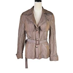 Lafayette 148 New York Metallic Crinkle Brown Belted Trench Blazer Jacket